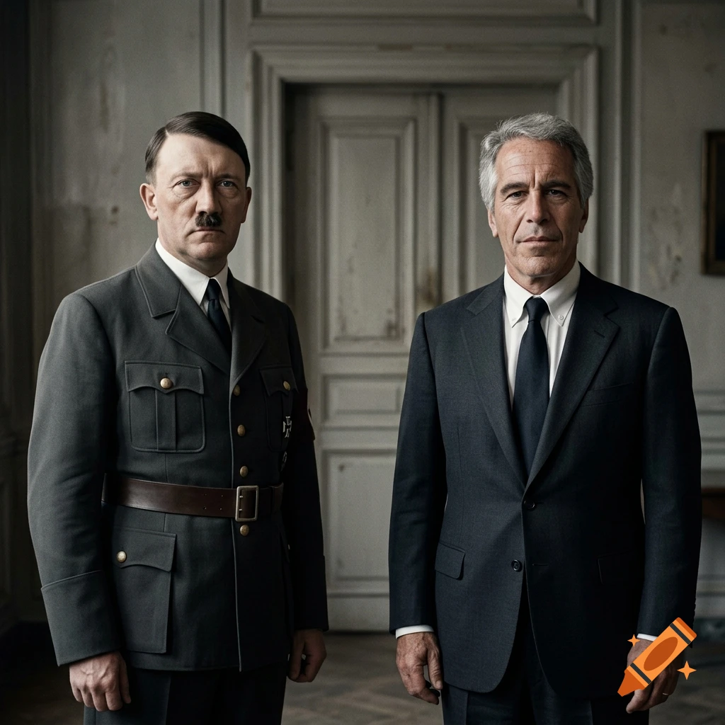 Photorealistic portrait of Adolf Hitler in a military uniform and Jeffrey Epstein in a suit standing together indoors.