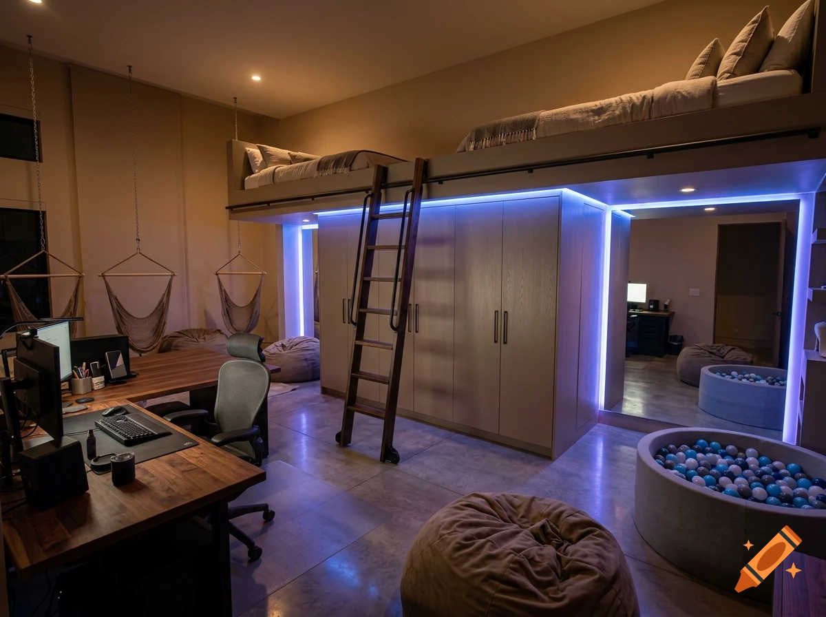 Photorealistic spacious beige room with a large loft bed, wooden desk, hanging chairs, beanbags, and a ball pit.