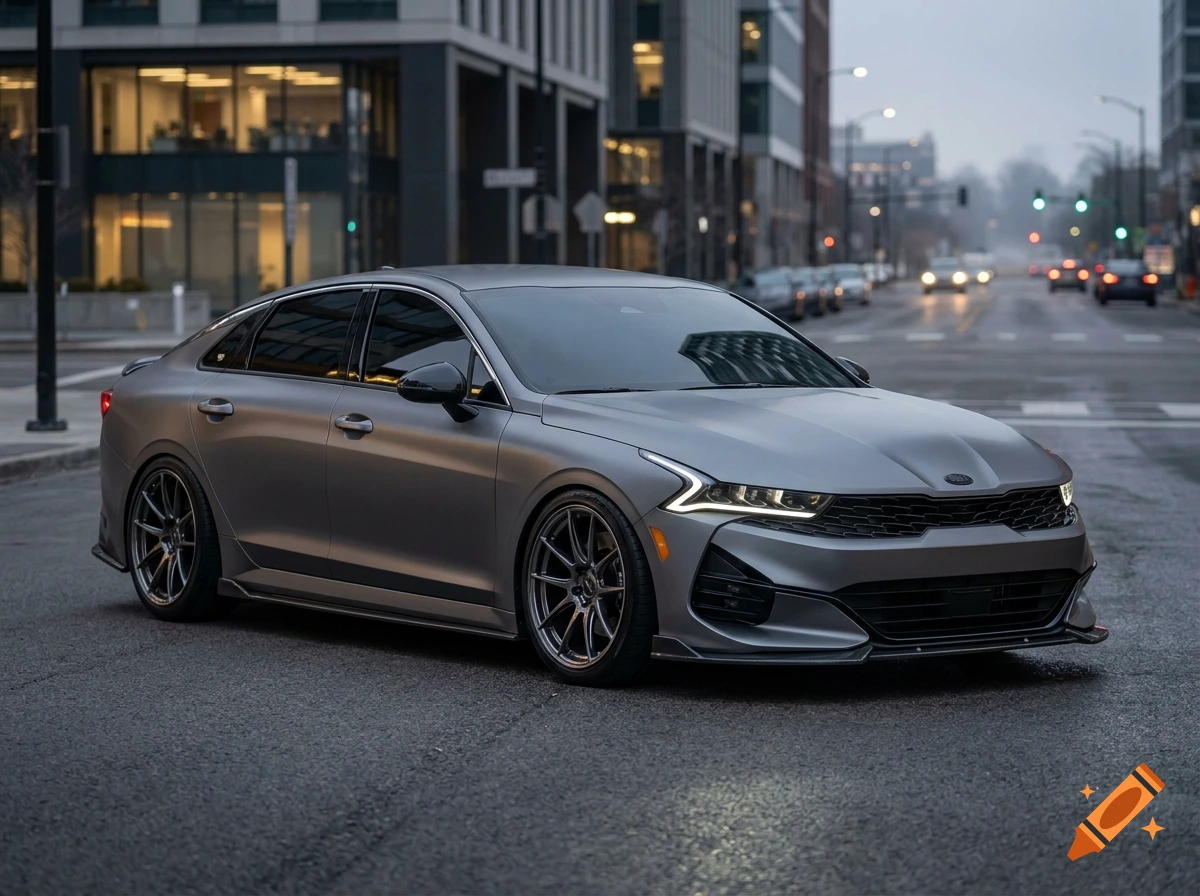 Photorealistic shot of a tuned matte gray Kia K5 parked on a city street at dusk.