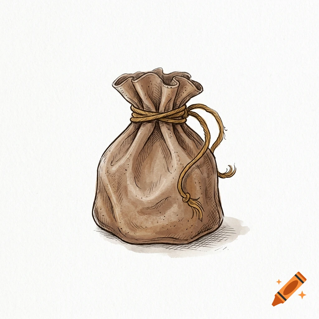 A brown leather pouch tied with an ochre-colored cord, drawn in a watercolor and ink illustration style on a white background.