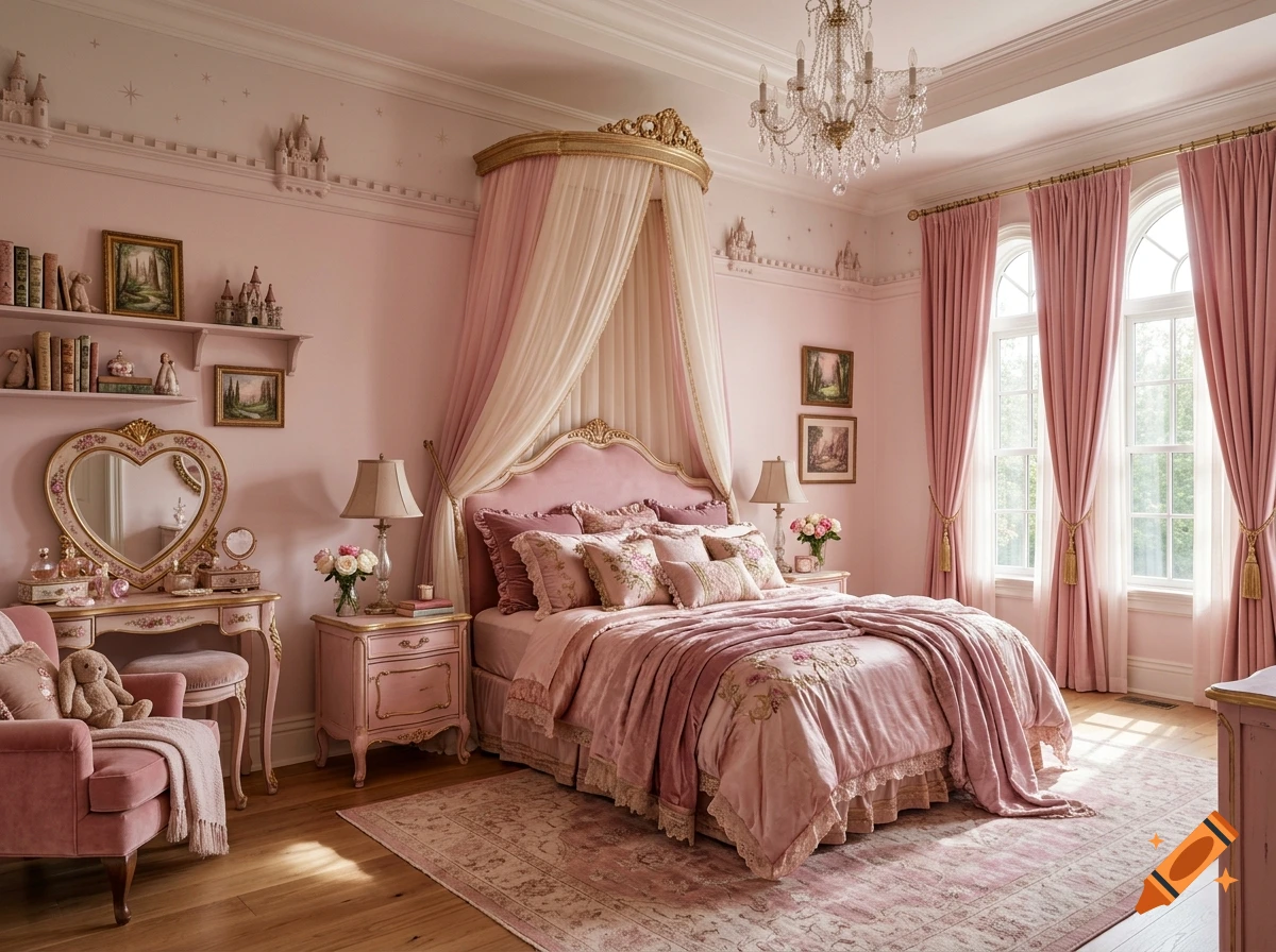 A large pink fairytale-themed bedroom with a canopy bed, crystal chandelier, and ornate furniture in a photorealistic style.