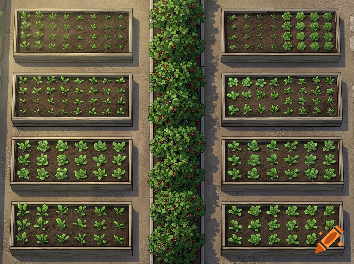 Top-down view of eight rectangular garden beds flanking a central row of berry bushes.
