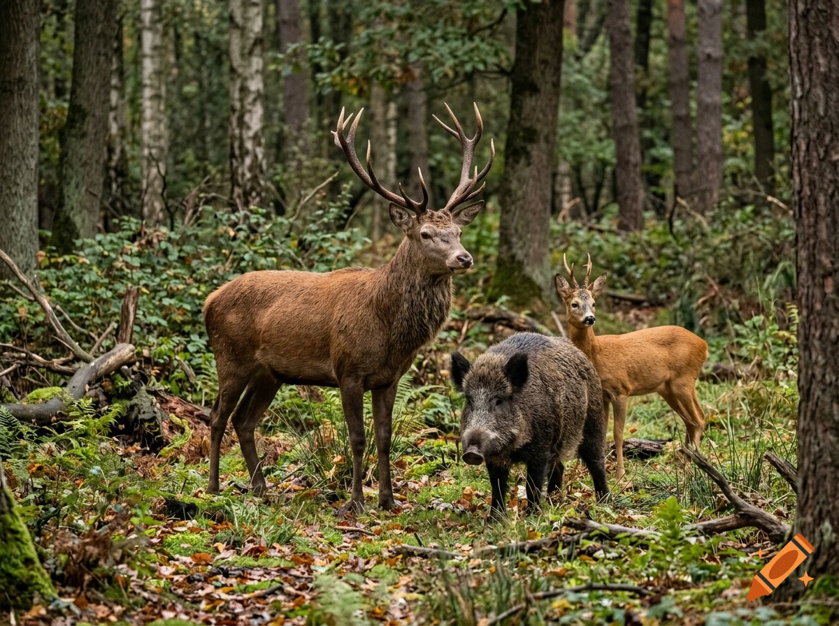 A red deer stag, a wild boar, and a roe deer stand together in a forest floor covered with fallen leaves and green undergrowth among tall trees.