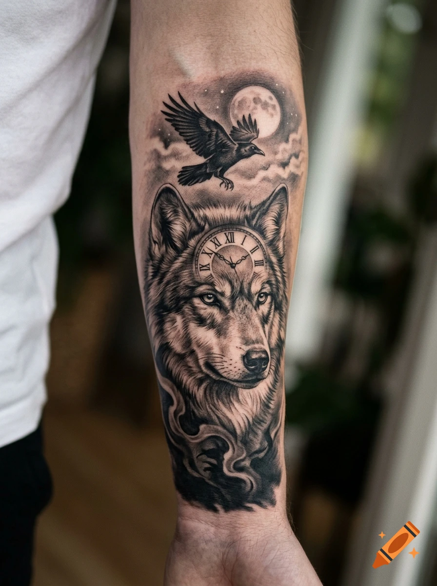 Realistic black and grey tattoo of a wolf's face with a Roman numeral clock on its forehead, a flying raven, and a full moon.