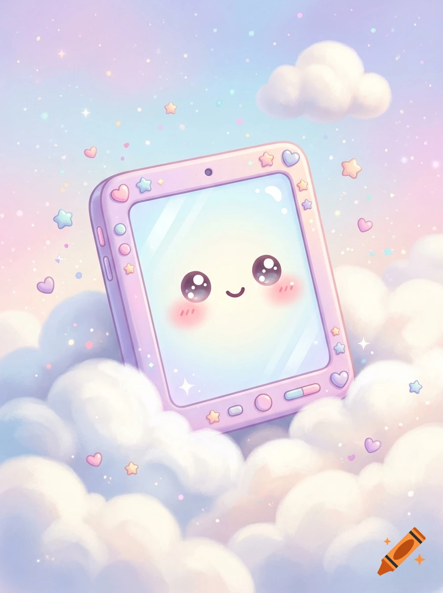 A pastel purple tablet with a cute smiling face surrounded by fluffy pink and blue clouds and stars.