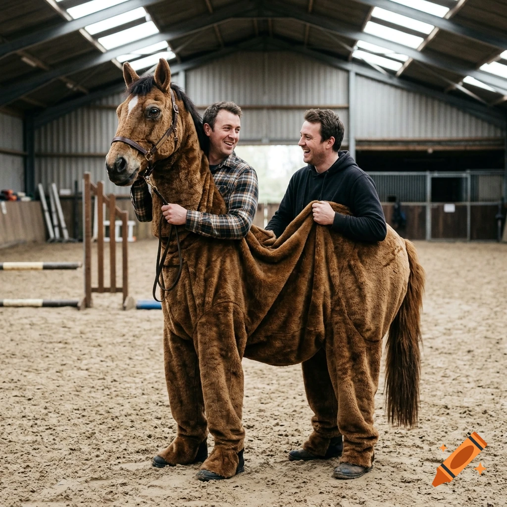 Two men wearing a realistic brown horse costume inside an indoor riding arena.