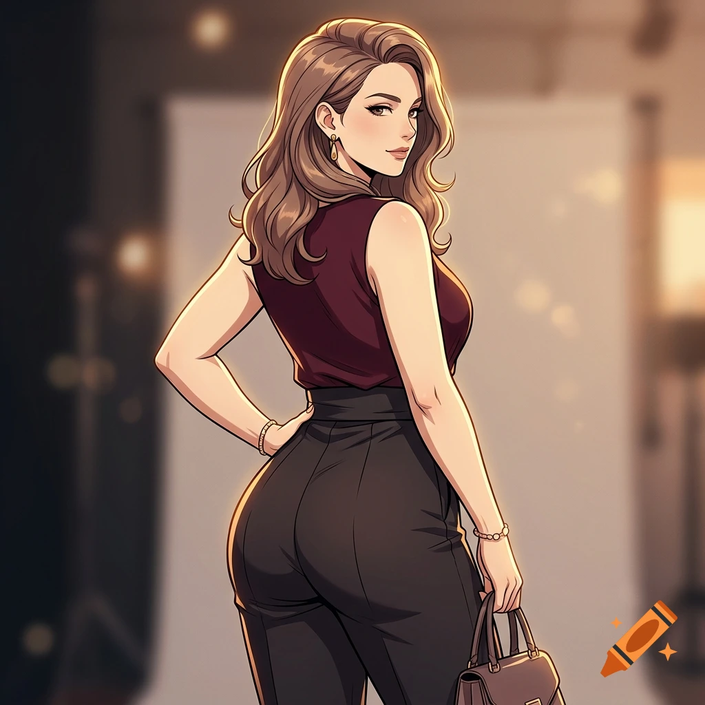 Anime style illustration of a woman in a maroon top and black pants holding a handbag, looking back over her shoulder.