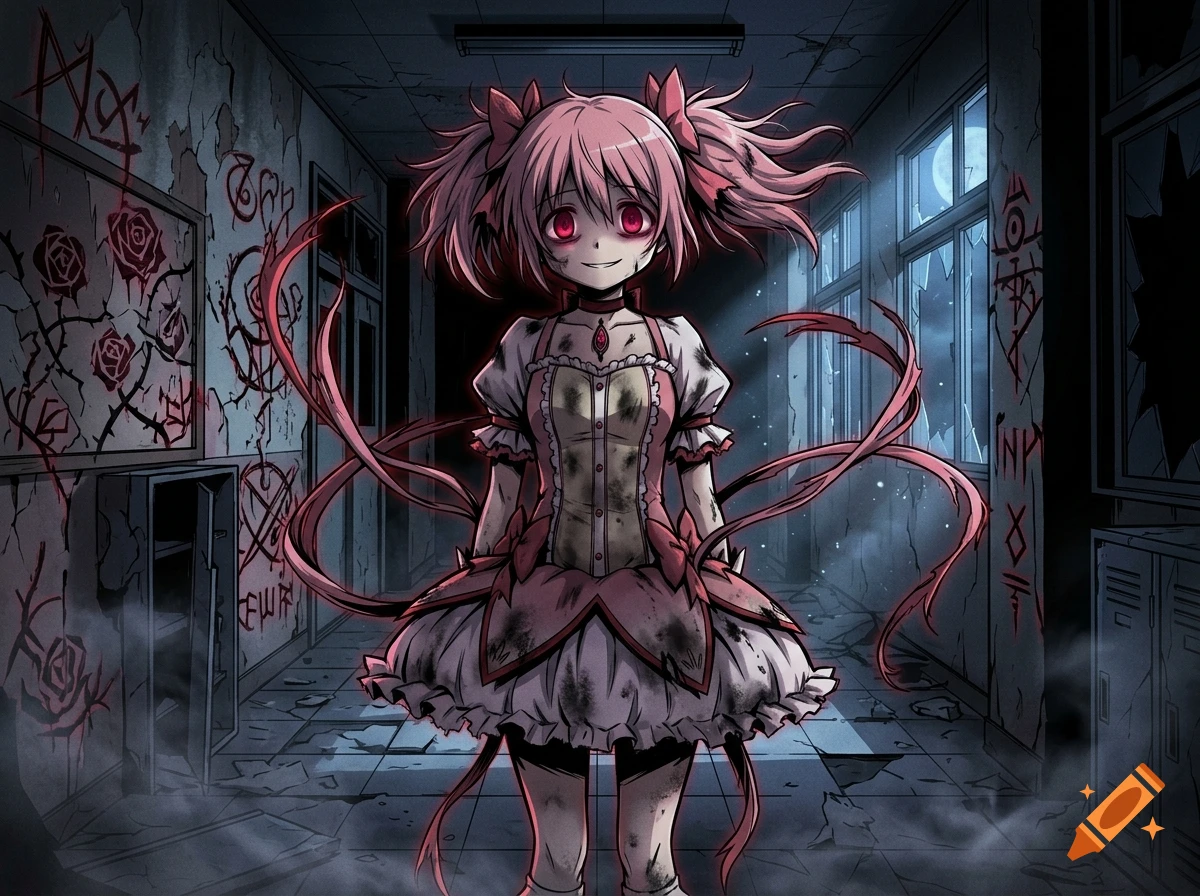 Anime style illustration of a scary pink-haired girl in a ruined, dark school hallway with graffiti and glowing eyes.