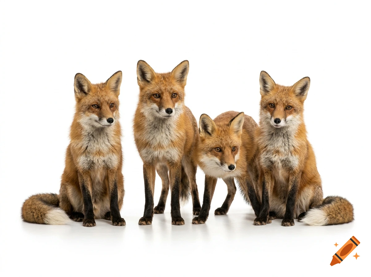 Four red foxes sitting and standing together in a row against a solid white background, photorealistic style.