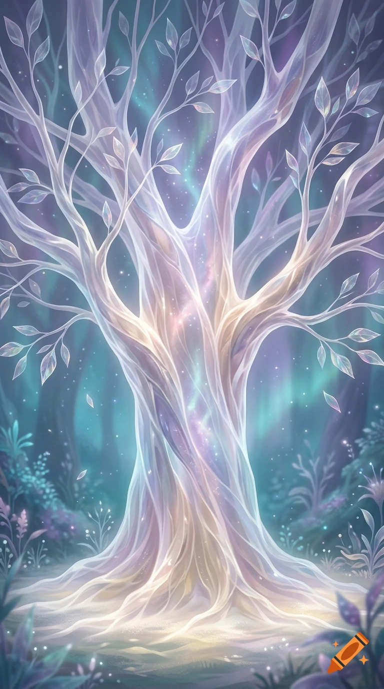 An ethereal glowing glass and crystal tree in a mystical forest with soft auroras, digital art.