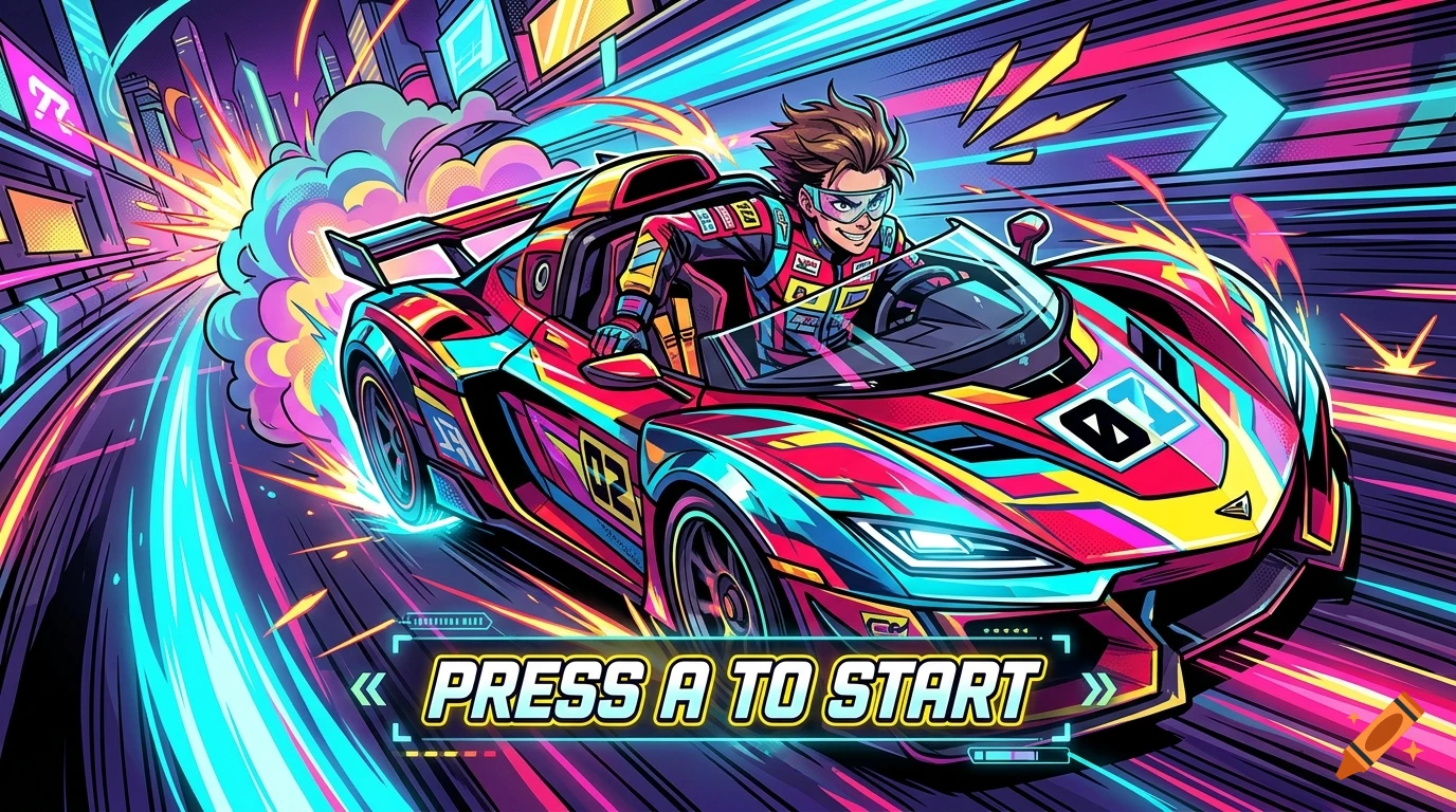Vibrant anime style video game splash page showing a driver in a colorful futuristic sports car with text reading PRESS A TO START.