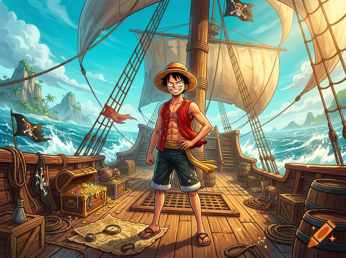 An anime-style digital illustration of Monkey D. Luffy standing confidently on the wooden deck of a pirate ship, with treasure chests and islands visible in the background under a bright sky.