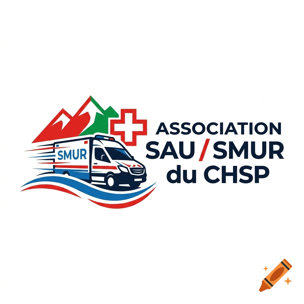 Vector logo for Association SAU / SMUR du CHSP featuring an ambulance, mountains, and a medical cross.