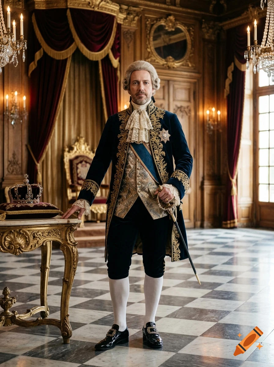 Photorealistic full-body portrait of an 18th-century king standing in a lavishly decorated palace room.