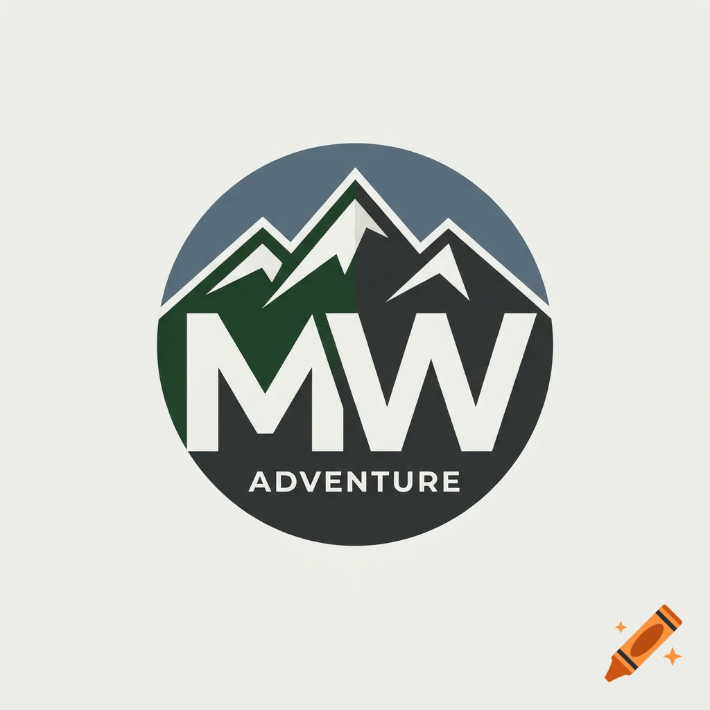 Round minimalist logo for MW Adventure featuring stylized mountains and text.