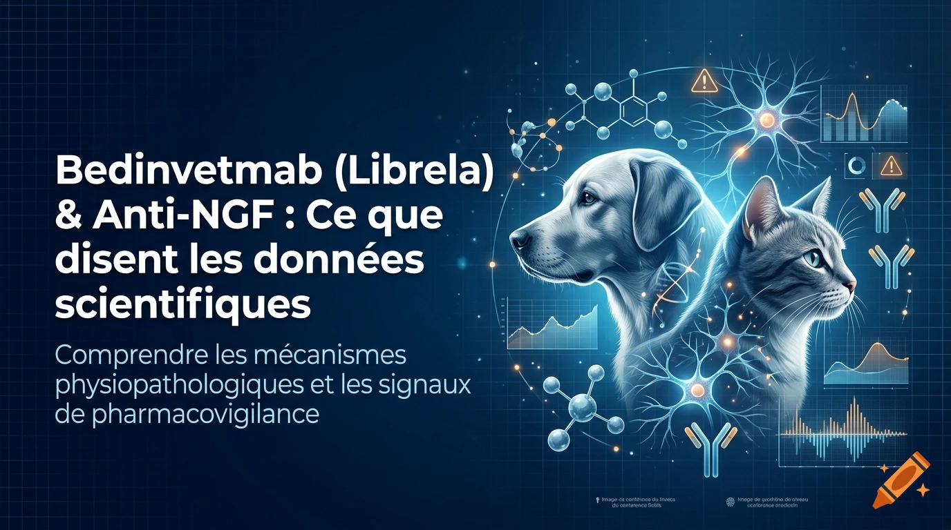 Scientific presentation slide about Bedinvetmab and Anti-NGF featuring a dog, cat, and neural network diagrams.