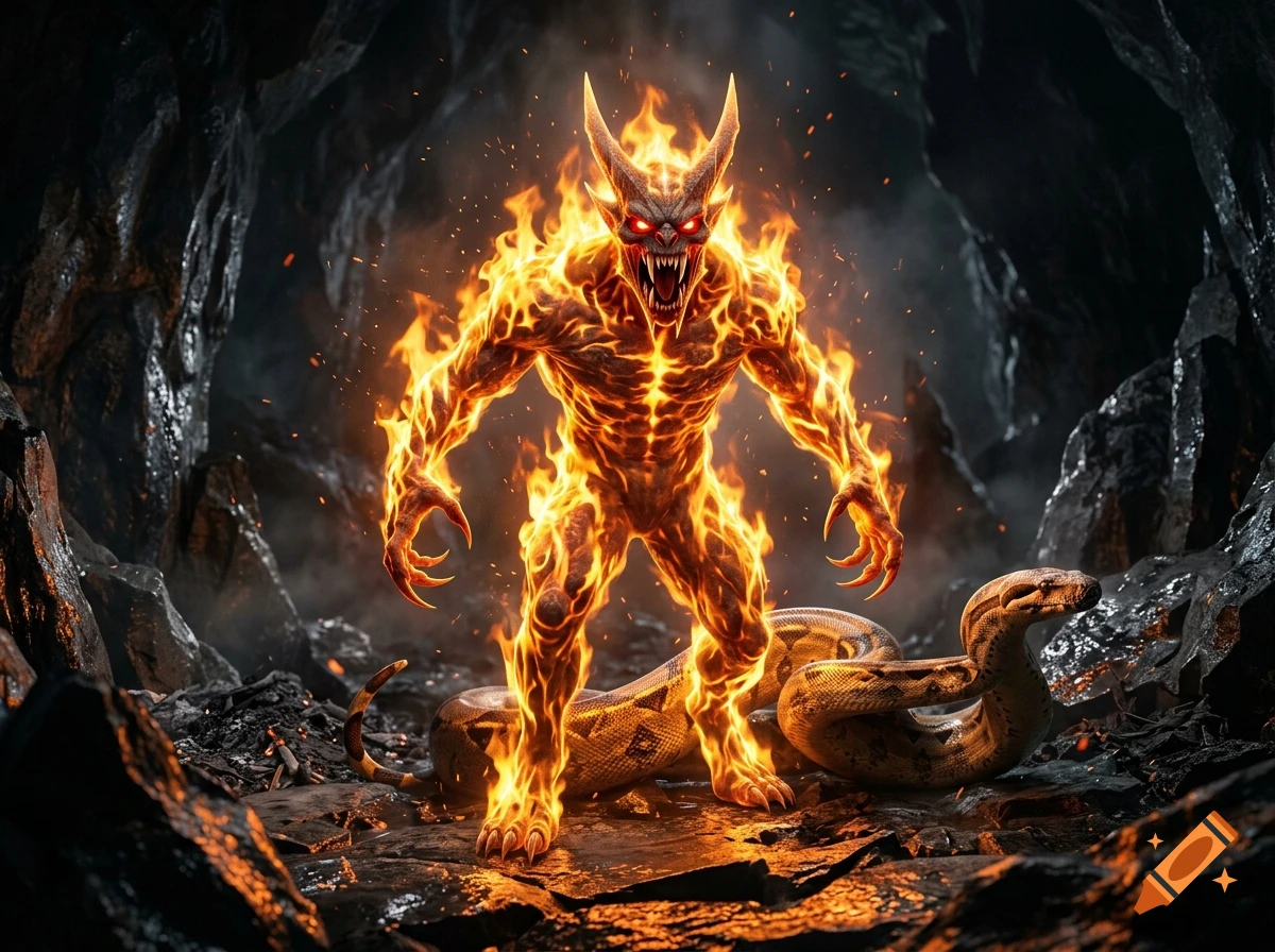 A fiery horned monster stands in a dark cave with a large boa constrictor snake wrapped around its feet, photorealistic style.