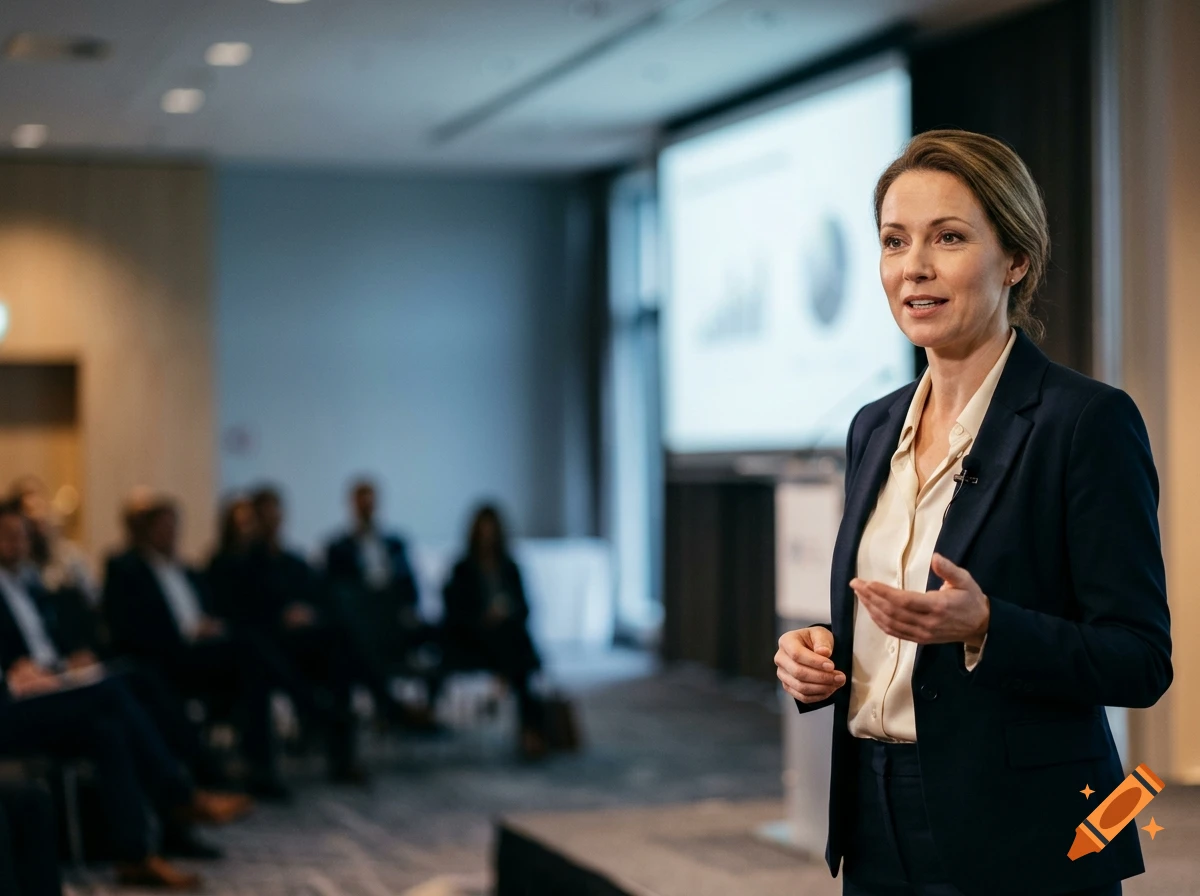 A professional woman speaking at a conference in a modern boardroom with an audience in the background.