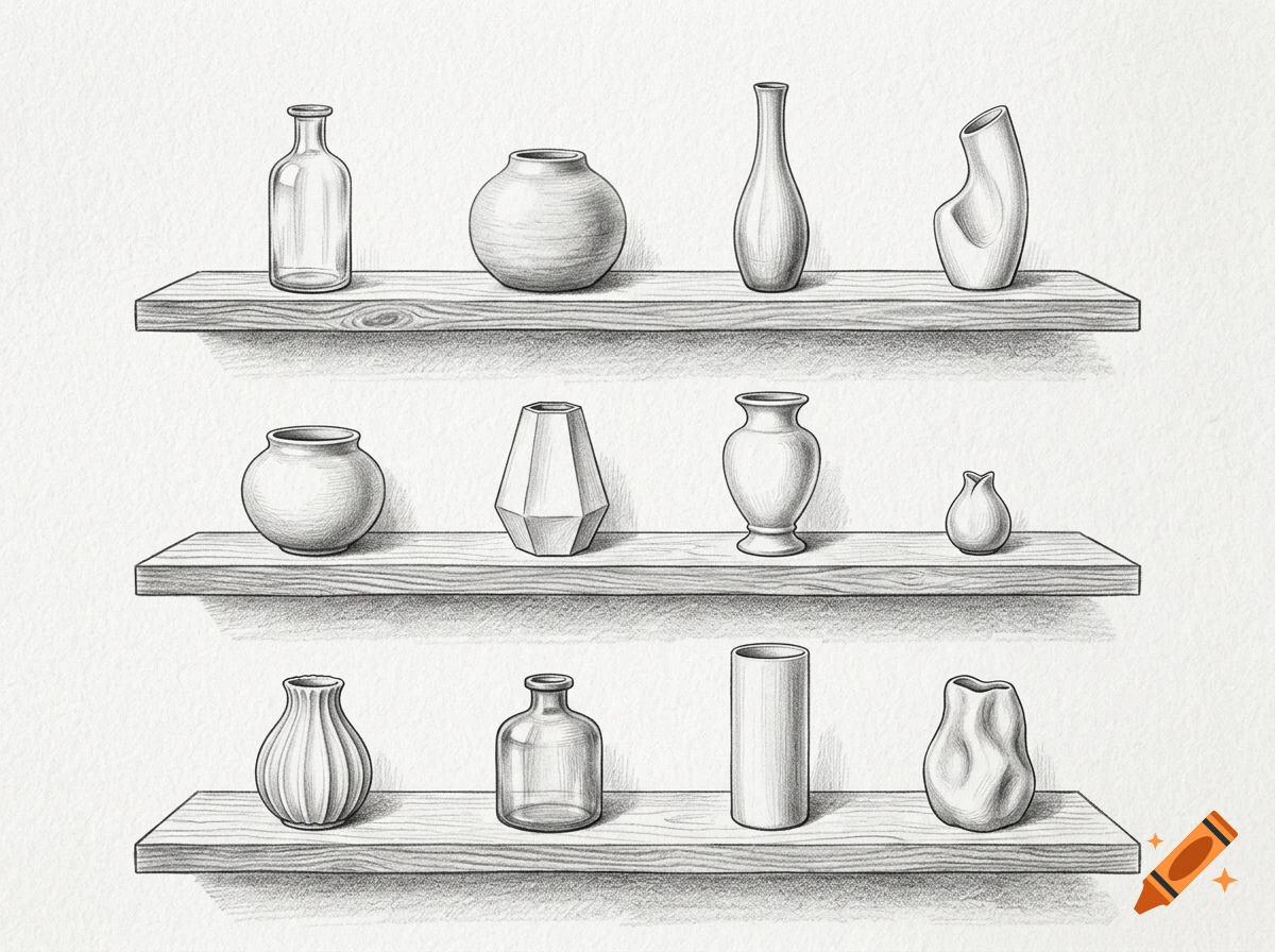 Black and white pencil drawing of three wooden wall shelves holding various empty vases and bottles.