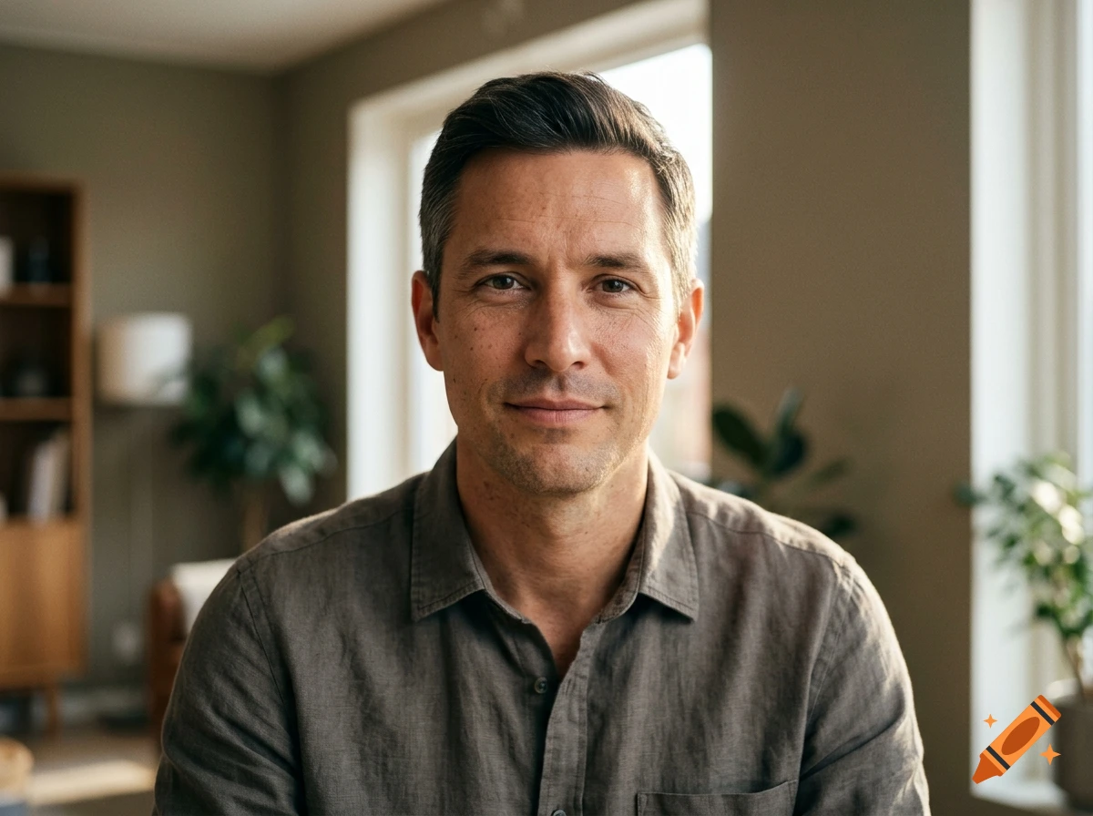 Photorealistic medium shot portrait of a man with dark hair and a grey button-down shirt sitting indoors with a blurred background.
