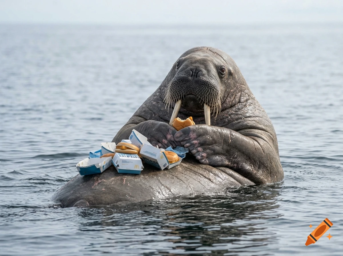 Photorealistic walrus floating on its back in the ocean, eating a Filet-O-Fish burger from McDonald's with a pile of boxes on its belly.