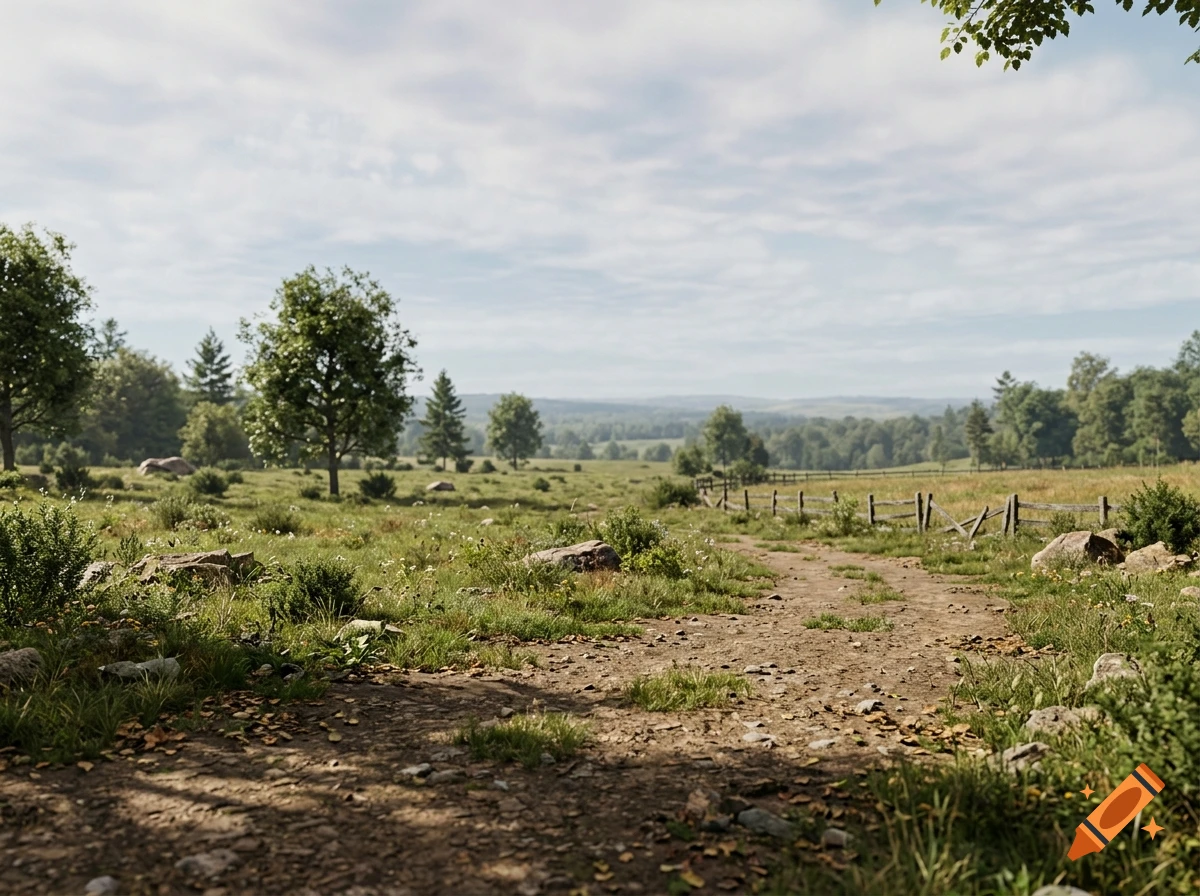 Photorealistic landscape of a dirt path winding through a grassy field with trees and a wooden fence under a cloudy sky.