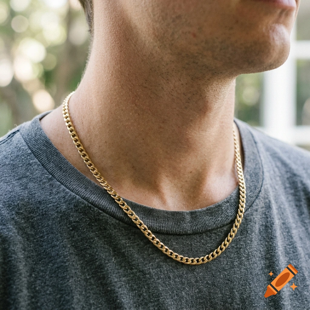 Close-up of a man's neck and jawline wearing a gold cuban link chain and a grey t-shirt, photorealistic.