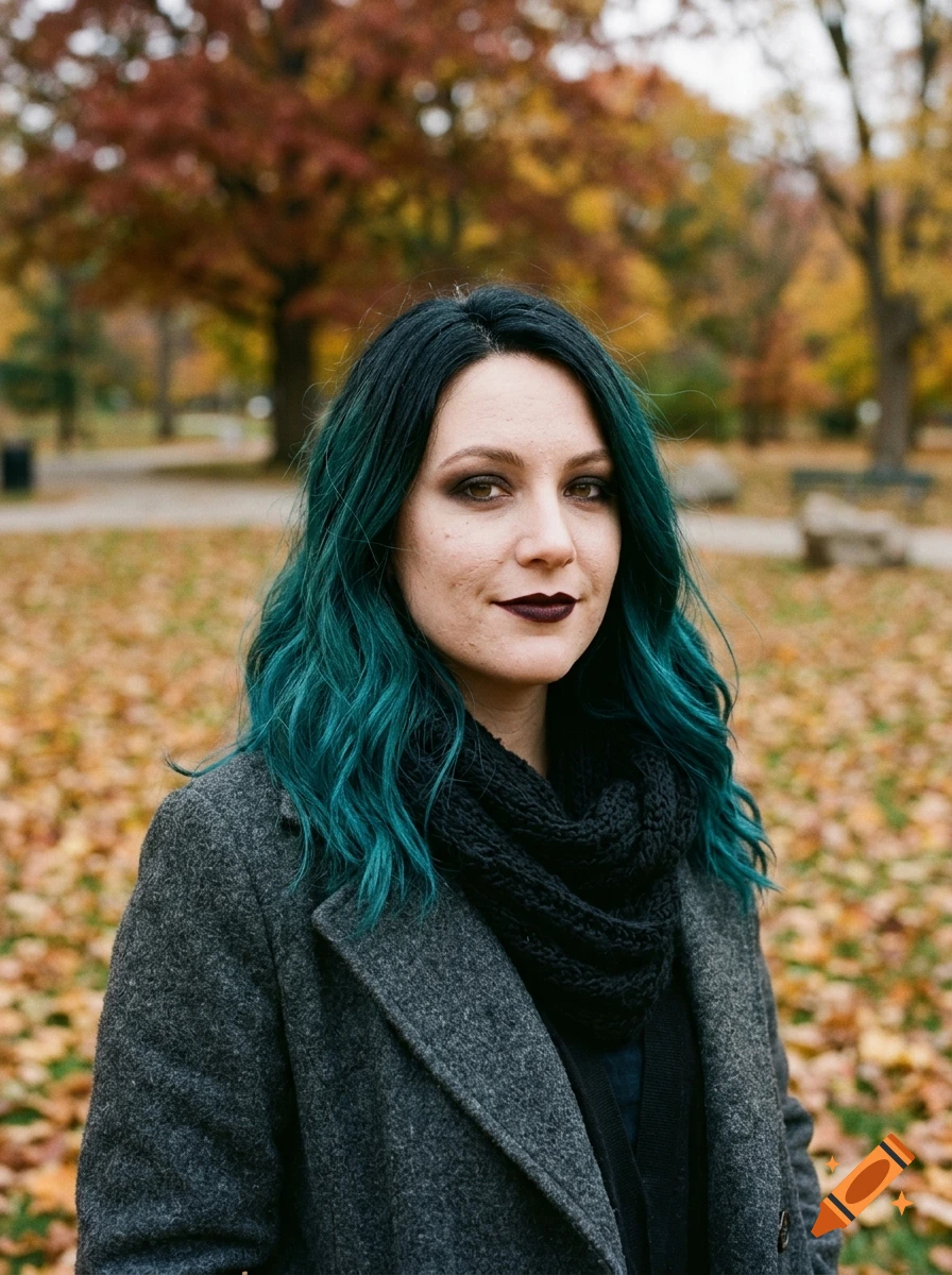 Photorealistic portrait of a woman with teal and black ombre wavy hair, gothic makeup, and a grey coat, standing outdoors in a park with autumn foliage.
