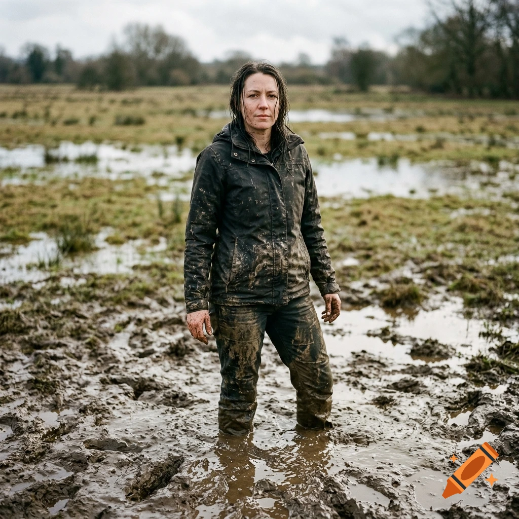 Photorealistic portrait of a woman standing knee-deep in a muddy field.