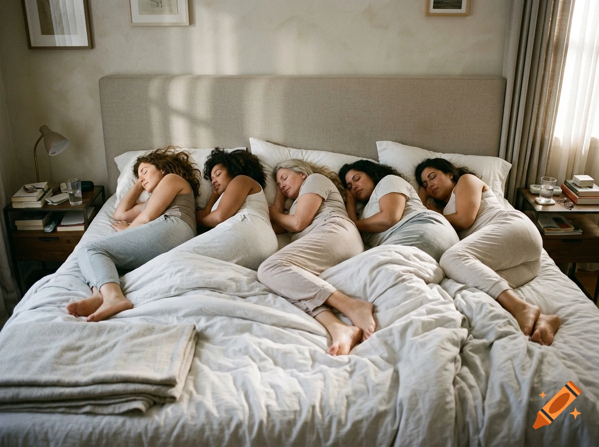 Photorealistic image of five women sleeping in a row on a large bed in a brightly lit bedroom.