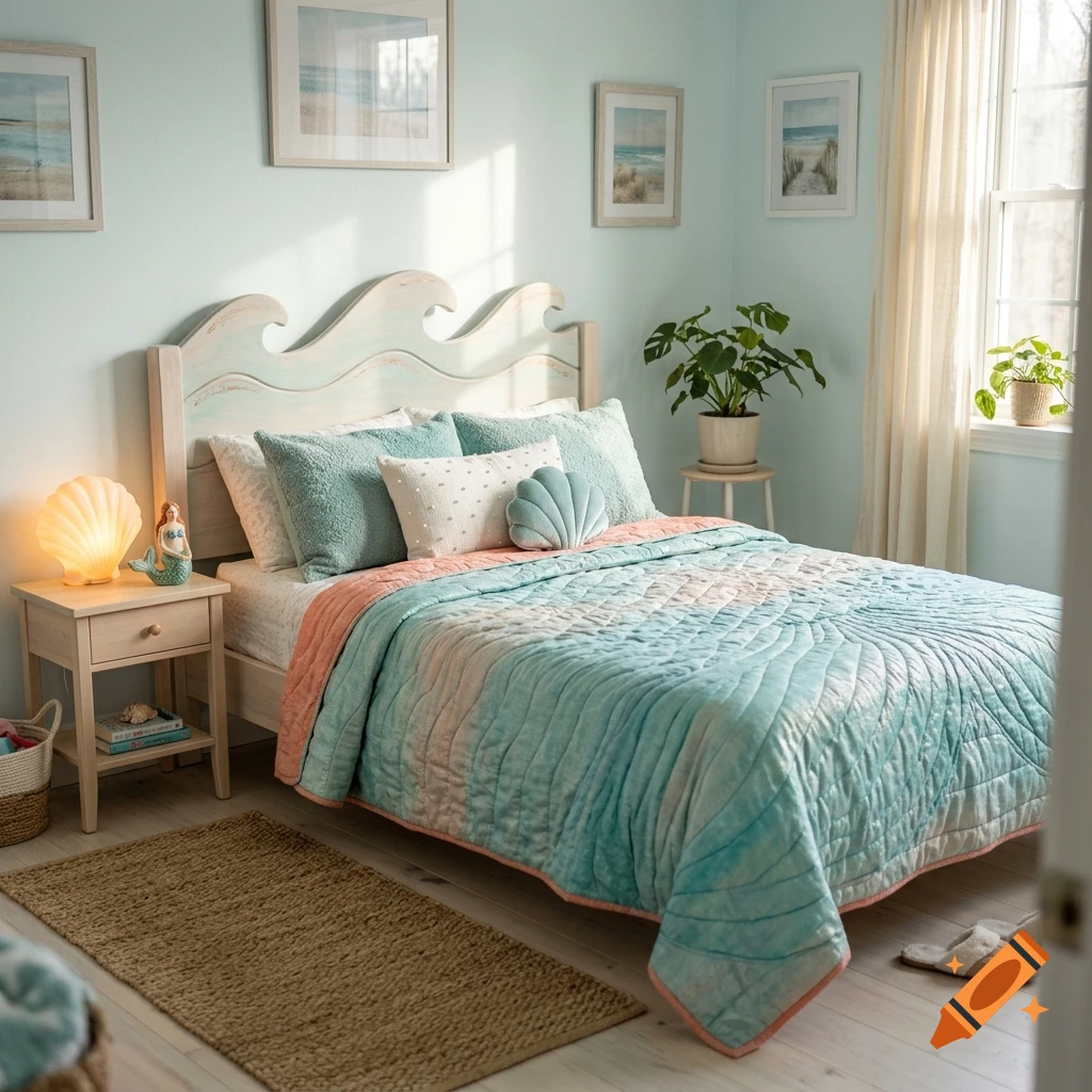 Cozy coastal bedroom with a wave-shaped headboard, turquoise bedding, and sea shell decor.