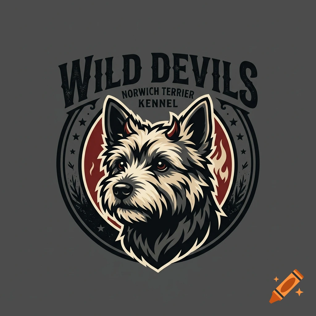 Vector style logo of a Norwich Terrier with devil horns, featuring the text WILD DEVILS NORWICH TERRIER KENNEL.