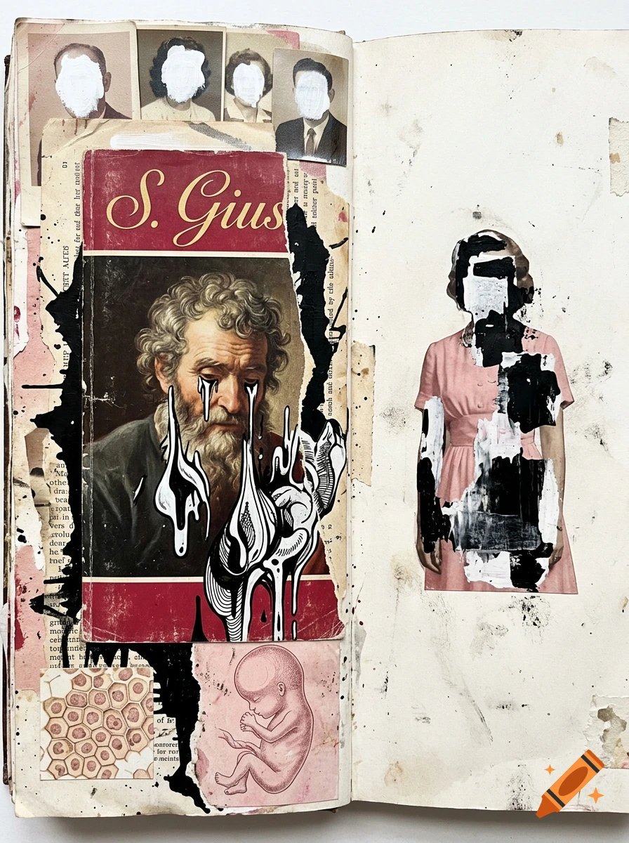 Mixed media art collage on paper featuring an old book cover with a portrait, photographs with obscured faces, and an anatomical embryo illustration.