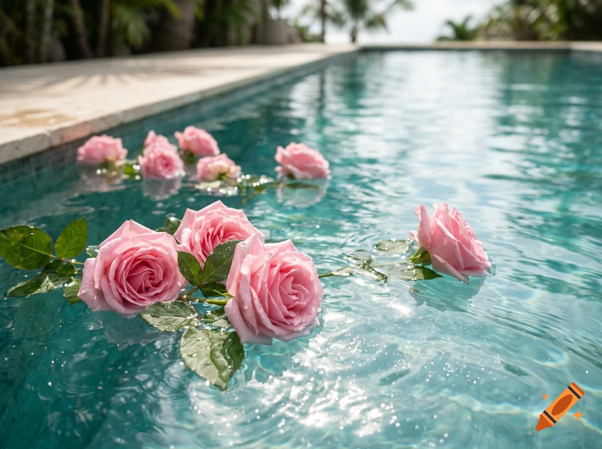 Photorealistic image of pink roses floating in a clear, sparkly swimming pool with sunlight glinting on the water.