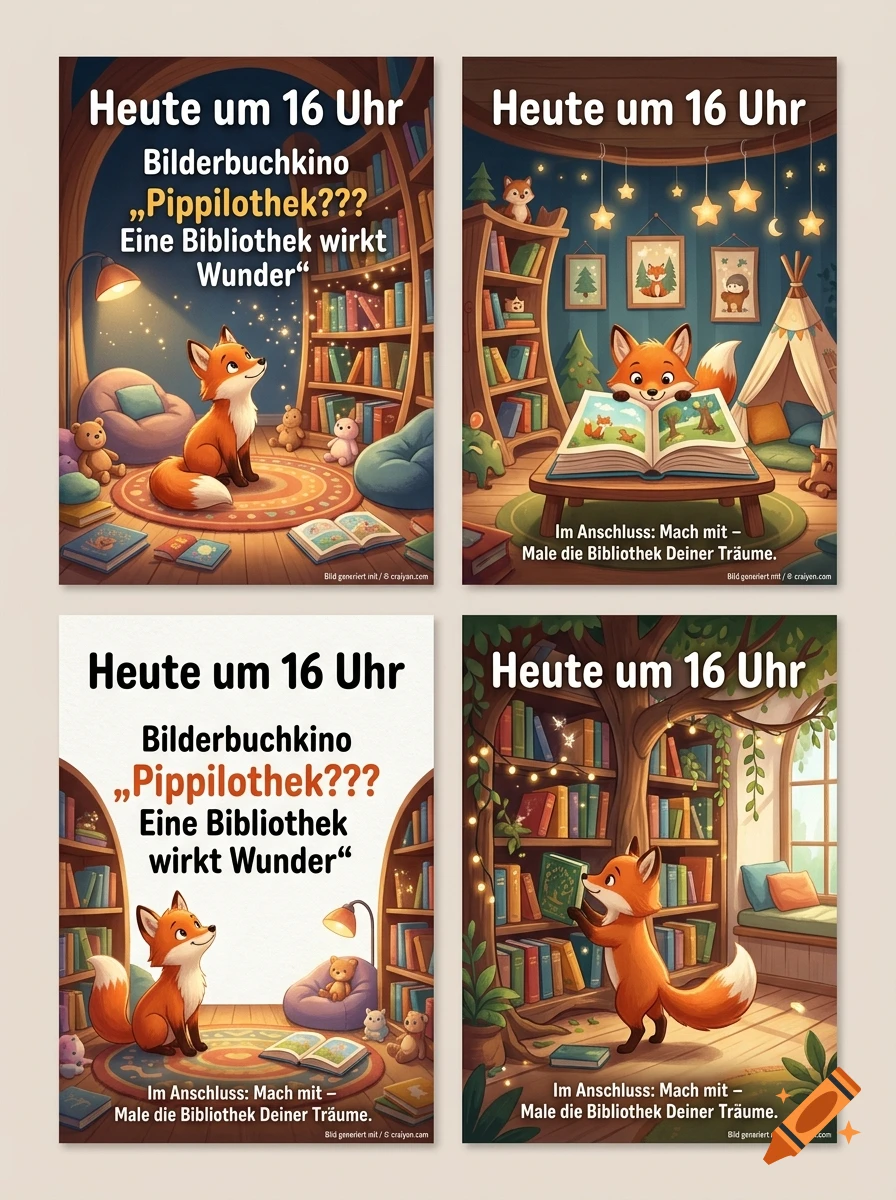 Four promotional library posters featuring a cute red fox reading and exploring a cozy, book-filled room, with German text.