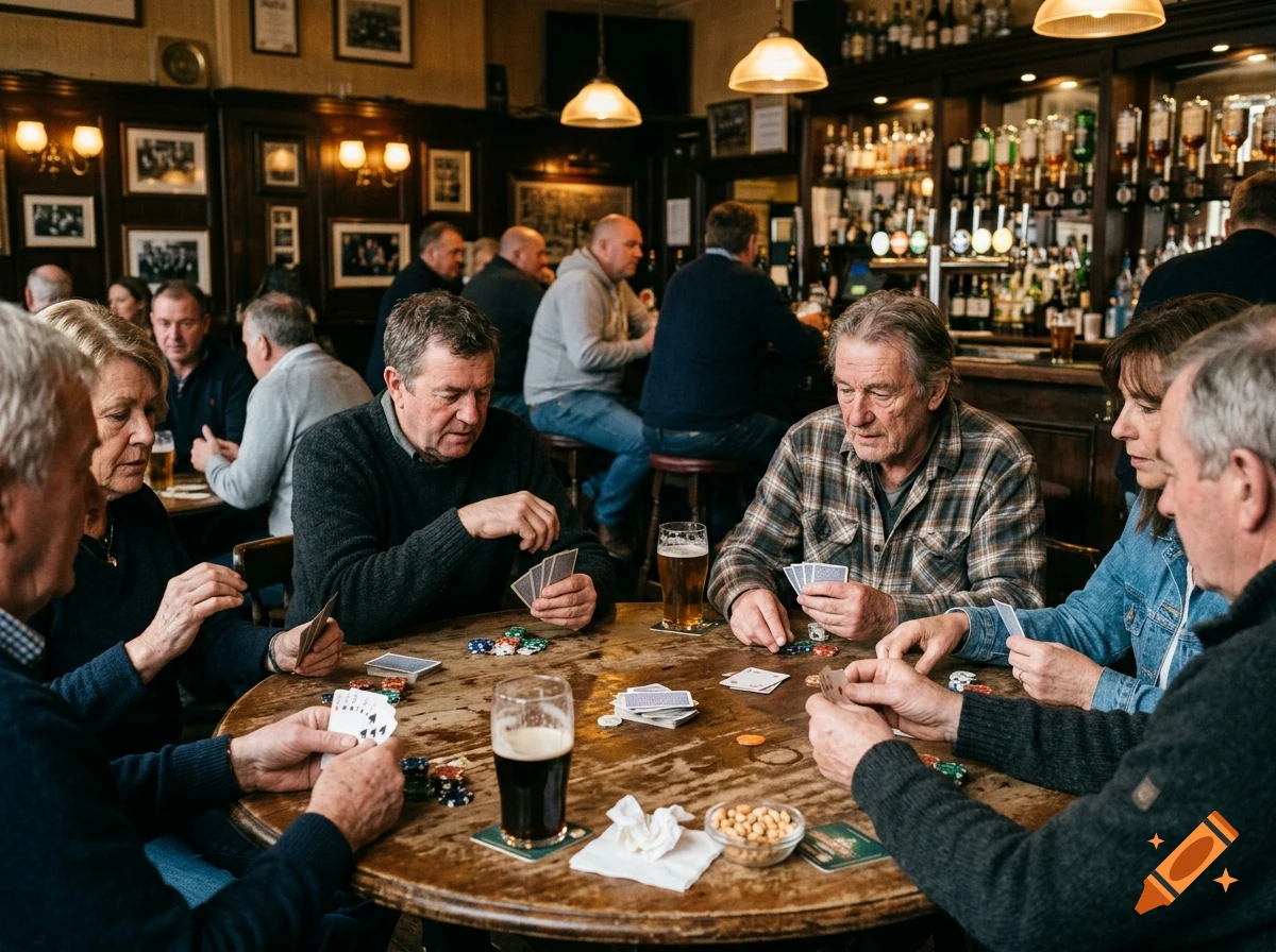 Photorealistic image of a group of older adults playing cards around a wooden table in a traditional pub.
