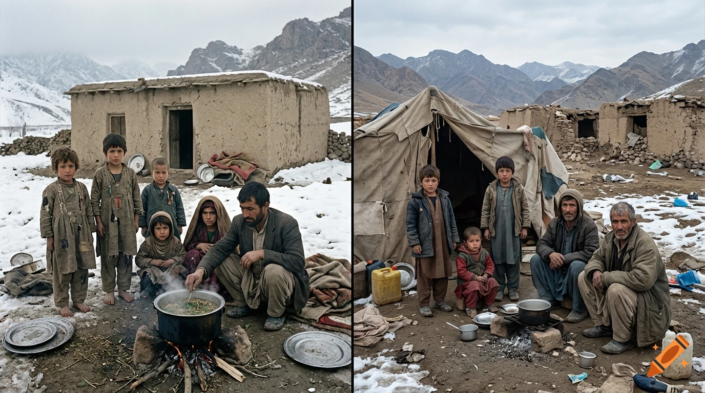 A diptych showing impoverished Afghan families in mountainous settings with mud houses and snow, in photorealistic documentary style.