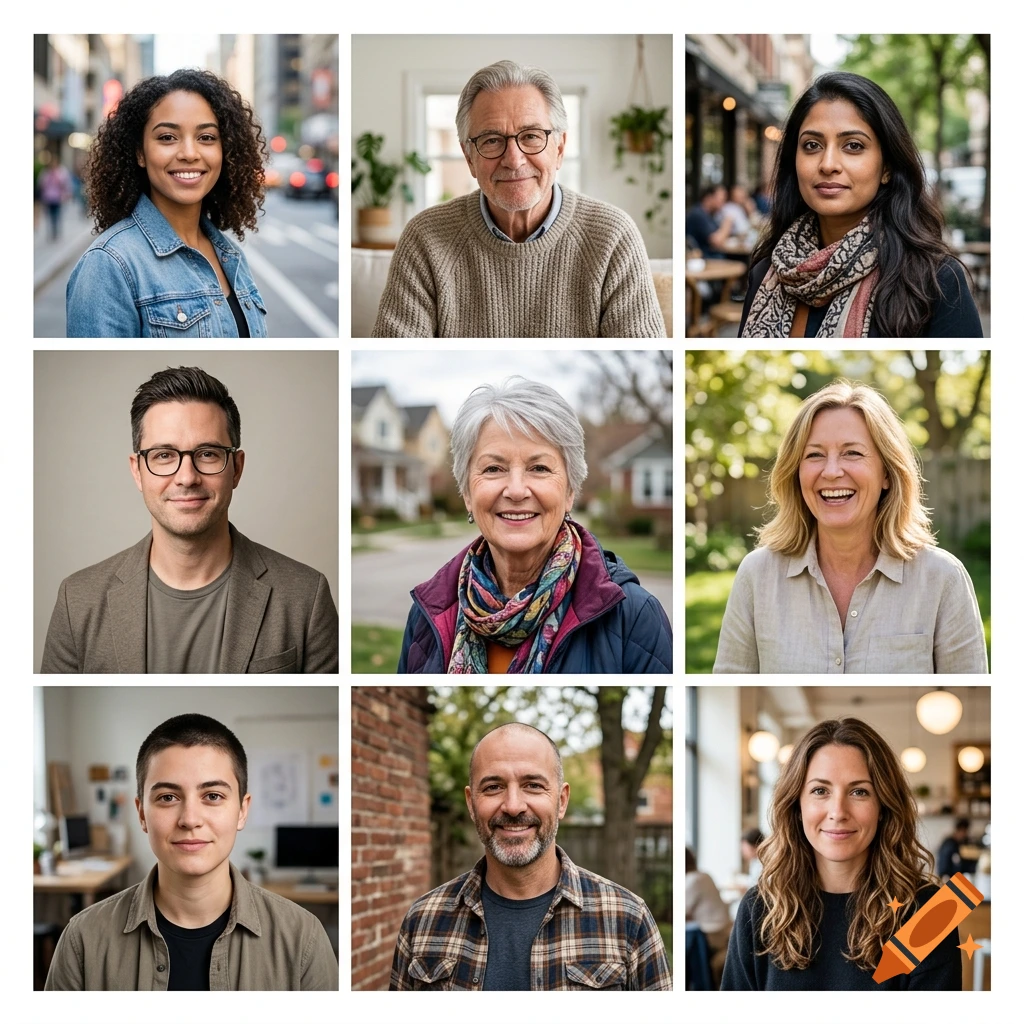 A collage of nine diverse portrait photos of different men and women smiling in various urban and indoor settings.