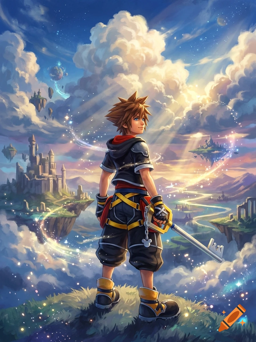 Digital illustration of Sora from Kingdom Hearts standing on a cliff overlooking floating islands and a cloudy sky at sunset.