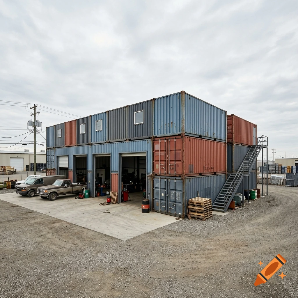 Photorealistic image of a modern garage and workshop built from stacked colorful shipping containers on a gravel lot.