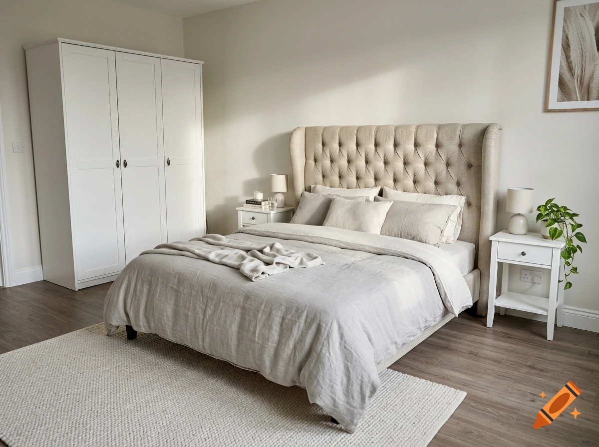 Modern bedroom with a white wardrobe, beige tufted headboard, and matching nightstands on a wood floor.
