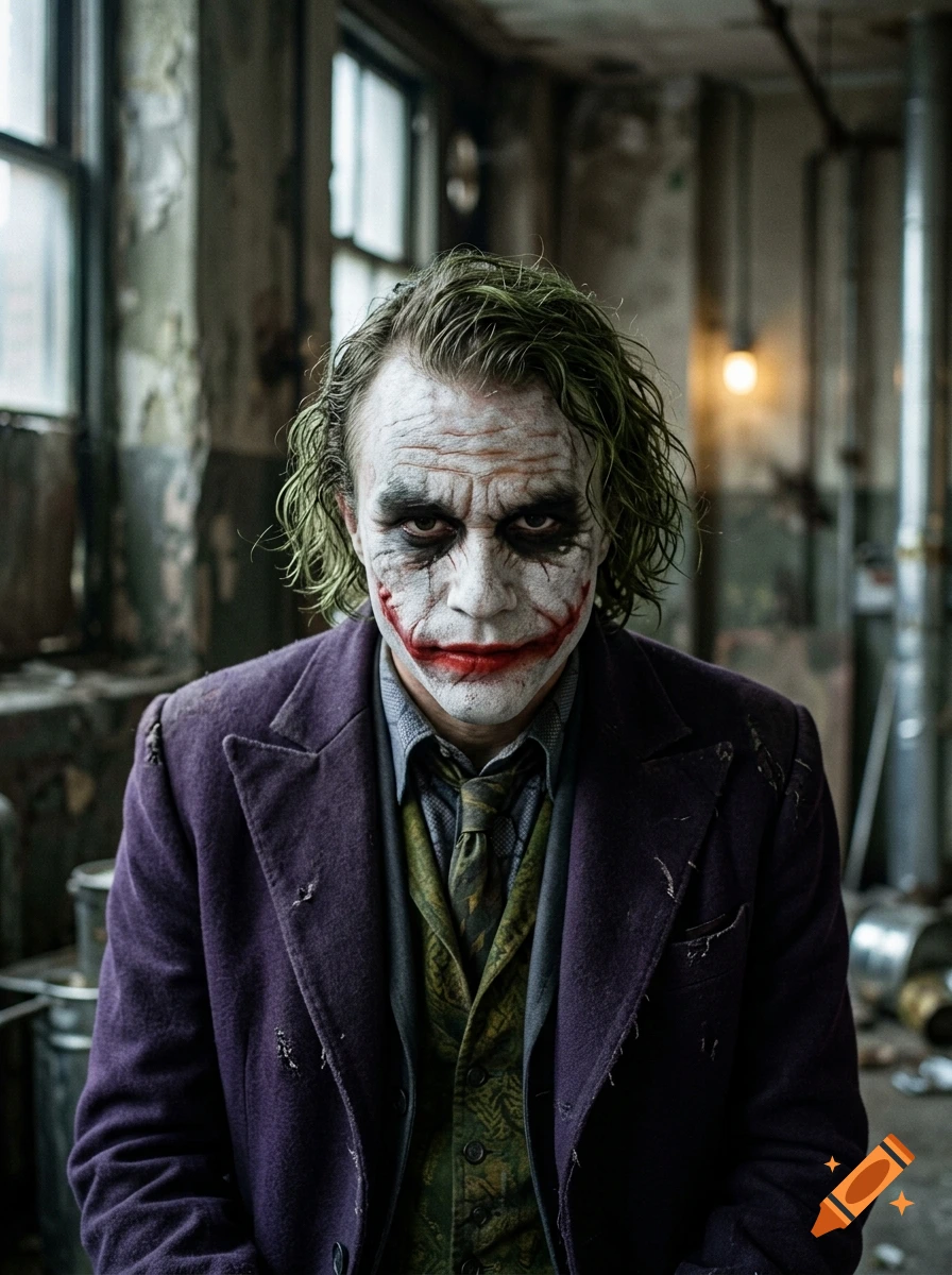 Photorealistic close-up portrait of the Joker with messy green hair and face paint, wearing a purple suit in an industrial interior.