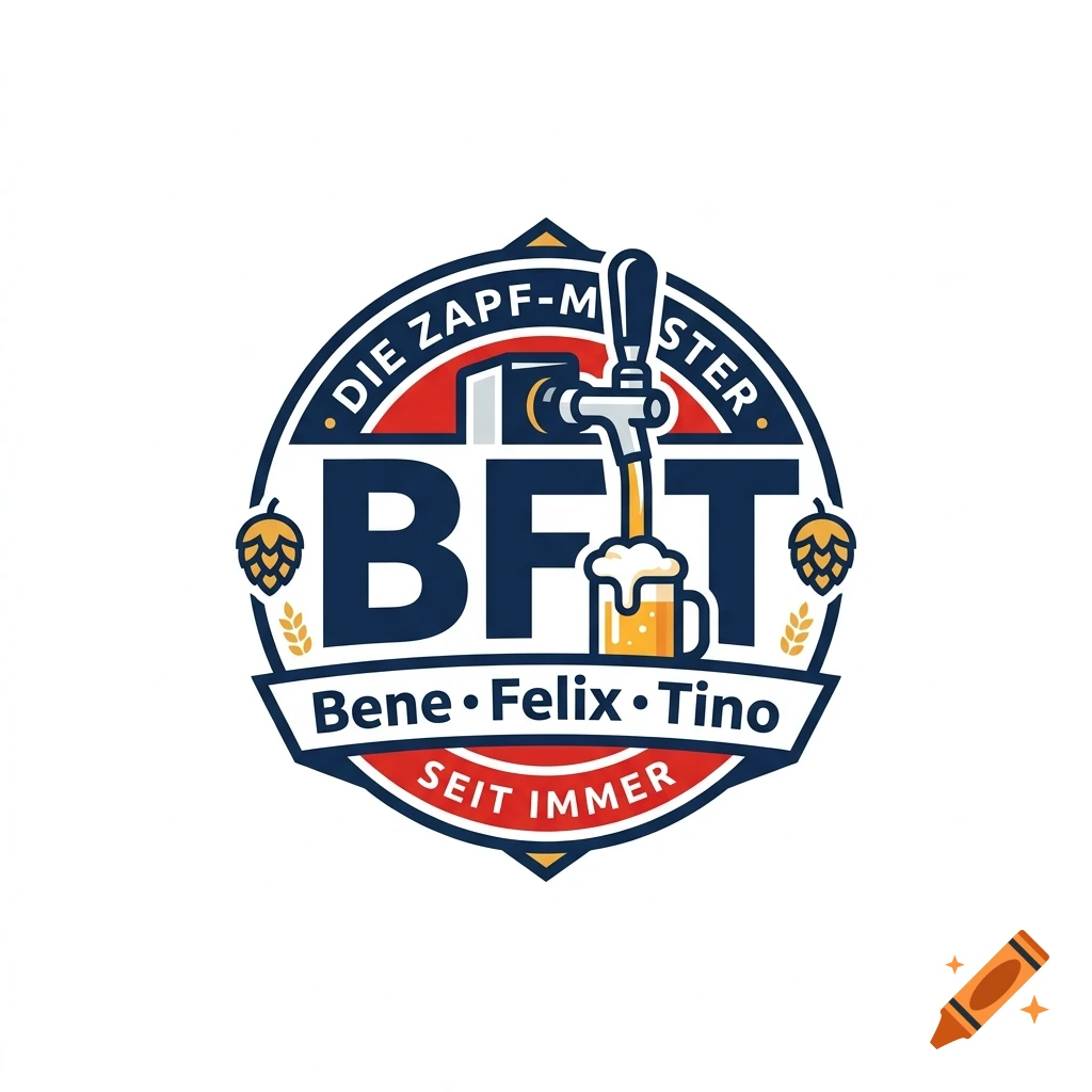 Circular vector logo for a beer tap team with the text BFT, Bene, Felix, Tino, and Die Zapf-Meister, featuring a beer tap pouring into a glass.