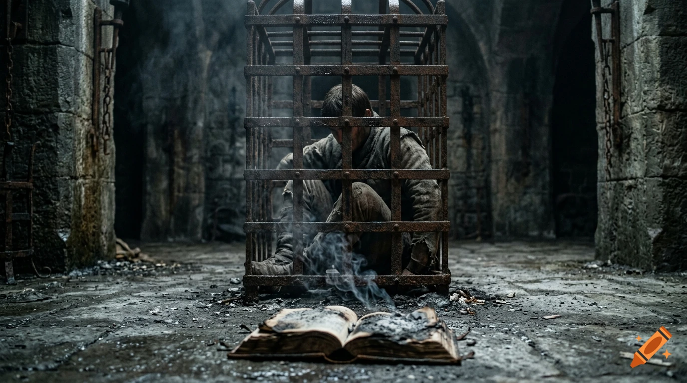 Cinematic shot of a person trapped inside an iron cage in a dark dungeon, with a smoking book on the stone floor.