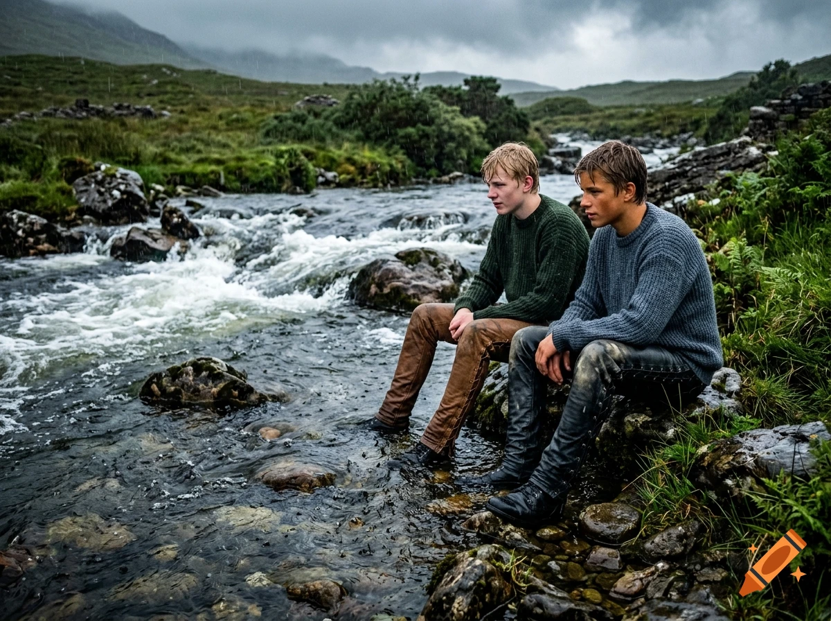 Two teenage boys in sweaters and leather pants sitting by a rushing river in a green landscape.