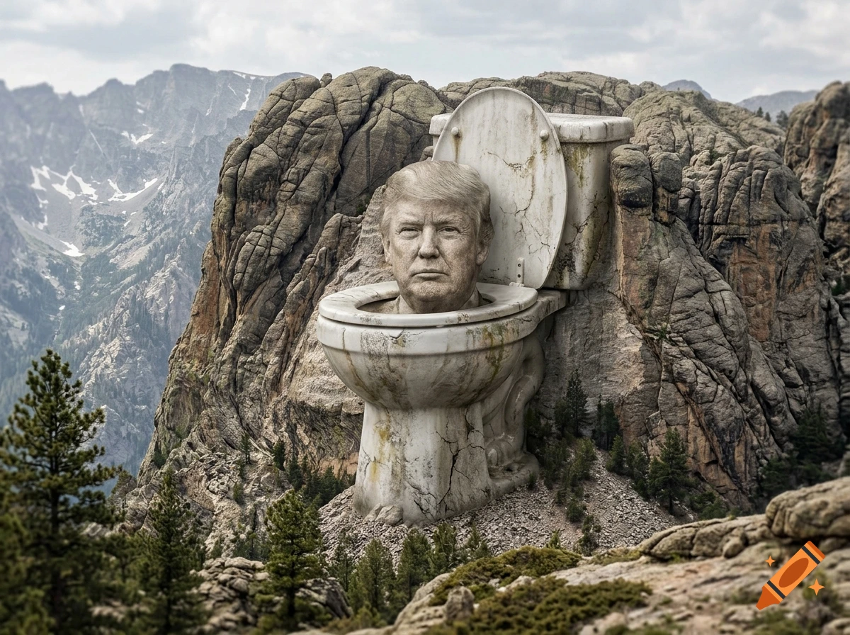 Photorealistic surreal image of Donald Trump's head carved like a stone toilet bowl embedded in a mountain landscape.
