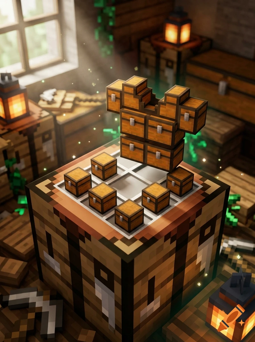 A realistic 3D Minecraft crafting table and wooden chests forming a chestplate crafting recipe in a cozy room.