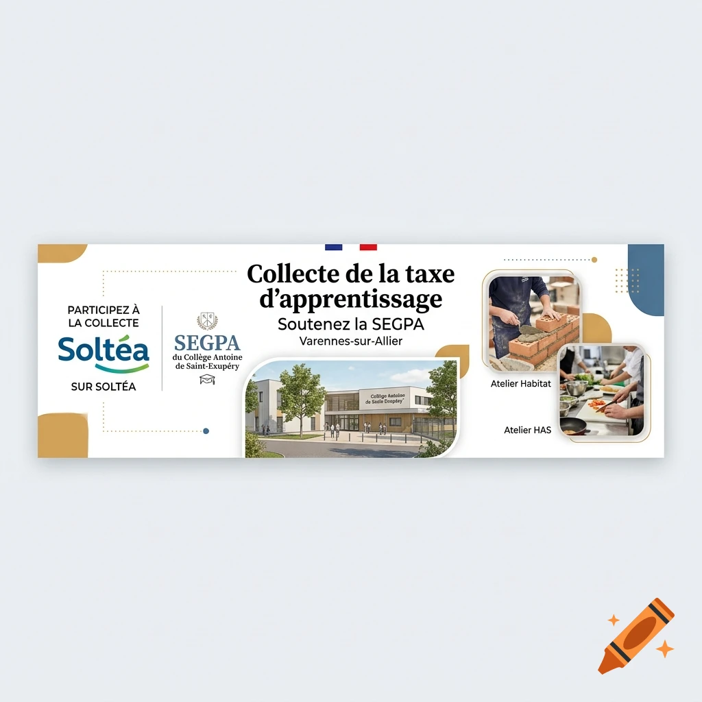Digital banner promoting the apprenticeship tax collection for SEGPA at a French college, featuring logos, building photo, and workshop images.