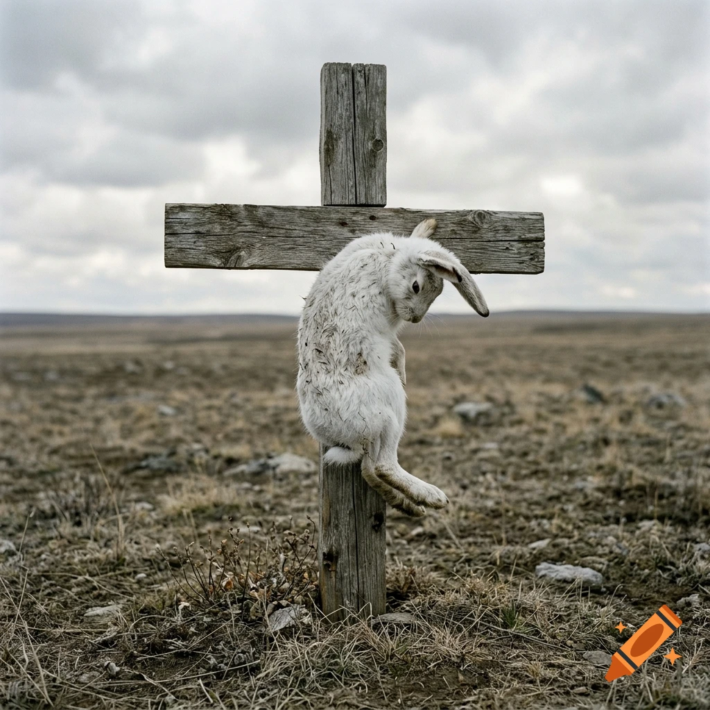 Photorealistic image of a white rabbit crucified on a wooden cross in a desolate landscape under a cloudy sky.