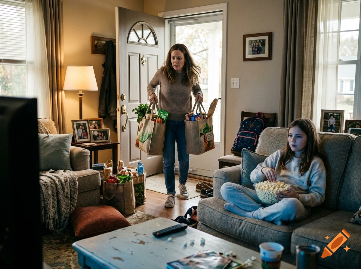 Photorealistic scene of a mother carrying groceries into the living room while her daughter eats popcorn on the couch watching TV.